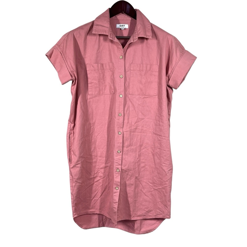 OAT New York Oversized Shirt Dress XS Pink Short Sleeve Button Front Minimalist